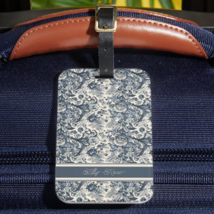Étiquette À Bagage Elégante Toile Florale Bleu Vintage Fleurie