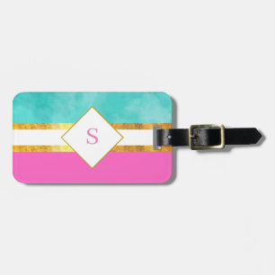 Étiquette À Bagage Élégantes rayures roses et vertes avec monogramme