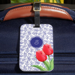 Étiquette À Bagage Élégantes Tulipes Rouges Printemps Floral Blue Mon