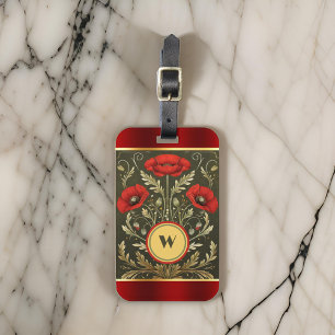 Étiquette À Bagage Élégants pavots rayés or rouge Monogramme initial