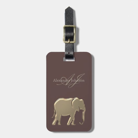 Étiquette À Bagage Élément monogrammé en granit marron et feuille d'o (Devant Vertical)