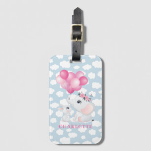 Étiquette À Bagage Éléphant Féminin Et Lapin avec Fleurs et Ballon