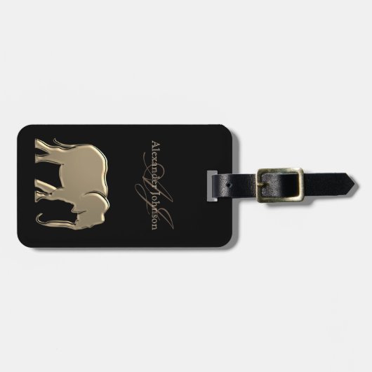 Étiquette À Bagage Eléphant Or Monogramme Chic Noir (Devant horizontal)