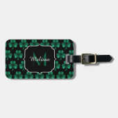 Étiquette À Bagage Emerald Green Sparkle Shamrock noir Monogramme (Devant horizontal)