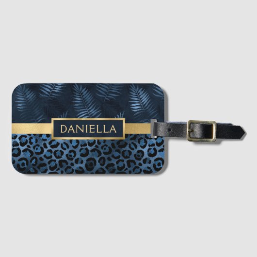 Étiquette À Bagage Empreinte de léopard bleu Shimmer Nom floral tropi (Devant Horizontal)