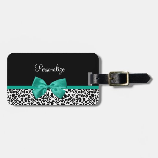 Étiquette À Bagage Empreinte de léopard Emerald Green Ribbon Bow Nom (Devant horizontal)
