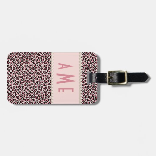 Étiquette À Bagage Empreinte de léopard rose Avec Des Perles Monogram (Devant horizontal)
