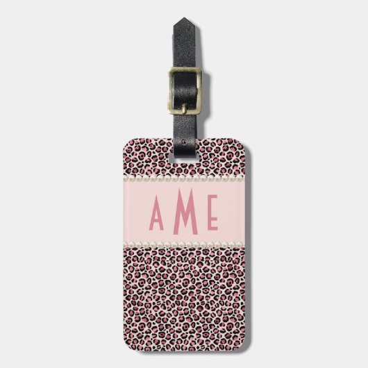 Étiquette À Bagage Empreinte de léopard rose Avec Des Perles Monogram (Devant Vertical)