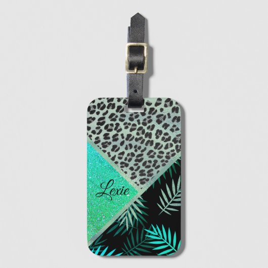 Étiquette À Bagage Empreinte de léopard tropical Turquoise de la Glit (Devant Vertical)