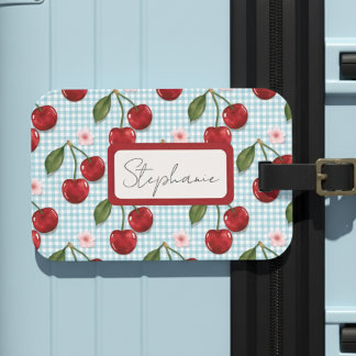 Étiquette À Bagage En vichy Bleu Rustique Et Monogramme De Cerises