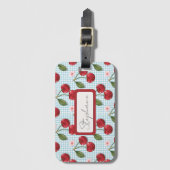 Étiquette À Bagage En vichy Bleu Rustique Et Monogramme De Cerises (Devant Vertical)
