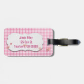 Étiquette À Bagage en vichy rose et fleur avec tôle biseautée (Dos horizontal)