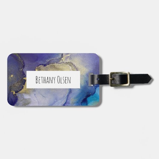 Étiquette À Bagage Encre d'alcool bleu, Turquoise, violet et or Abstr (Devant horizontal)