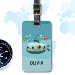 Étiquette À Bagage Enfants Cute sous-marin avec du poisson et des bul