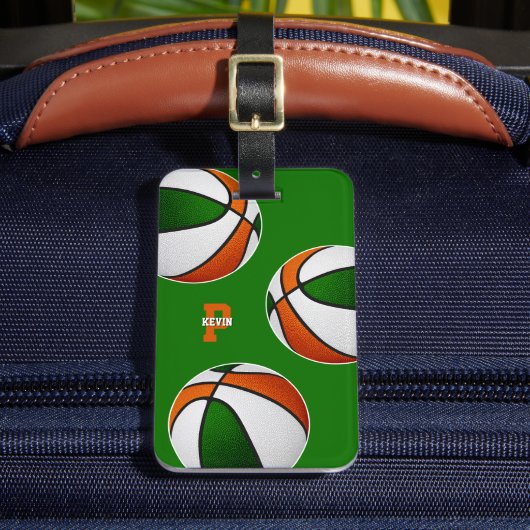 Étiquette À Bagage équipe de basket orange vert couleurs monogrammed (Insitu Rectoal 2)