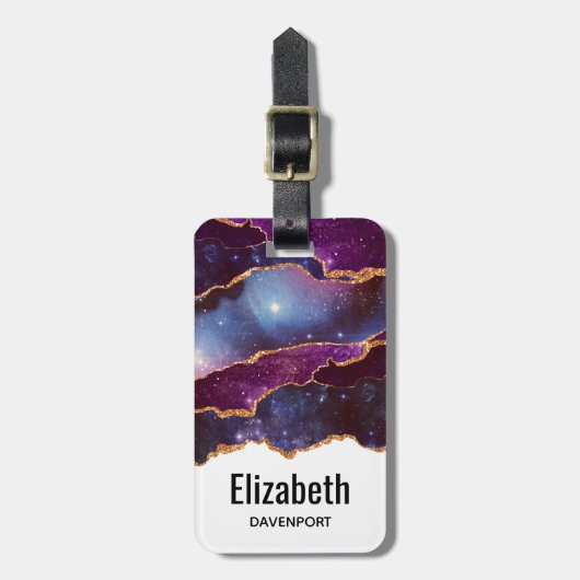 Étiquette À Bagage Espace bleu et violet et étoiles avec ruban or (Devant Vertical)