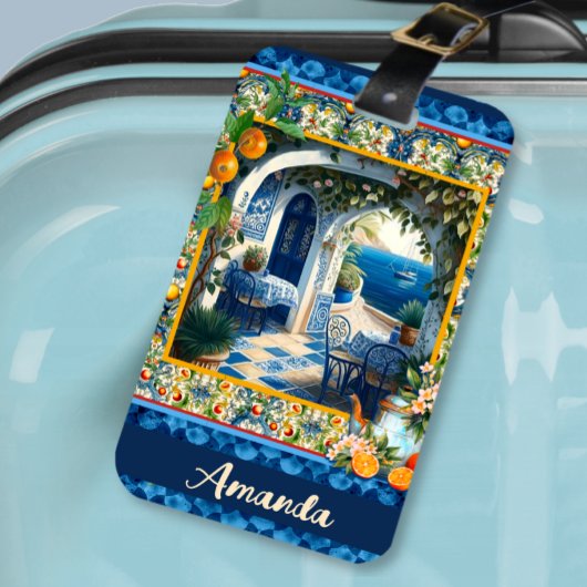 Étiquette À Bagage Été, Sicile oranges méditerranéennes majolica