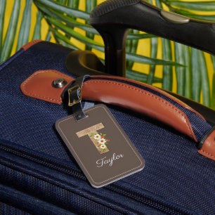 Étiquette À Bagage Étiquette de bagage en bois marron T monogramme fl