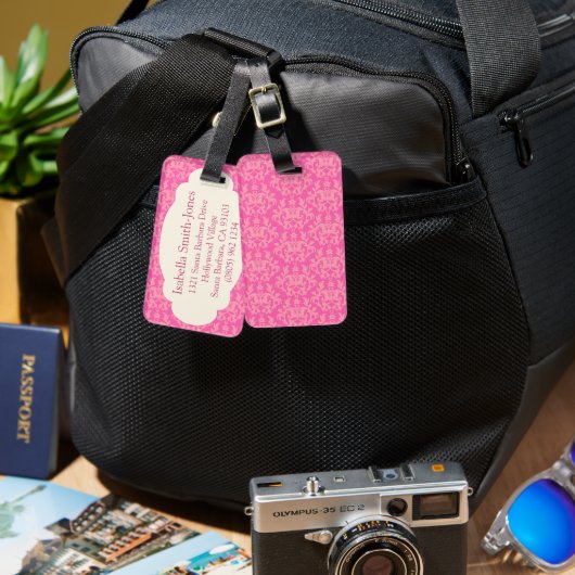 Étiquette À Bagage Étiquette de bagage en soie damassée rose et crème (Recto & Verso)