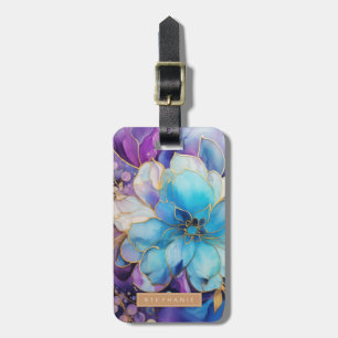 Étiquette À Bagage Étiquette de bagage fleur or et bleu