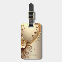 Étiquette de bagage florale ornée dorée