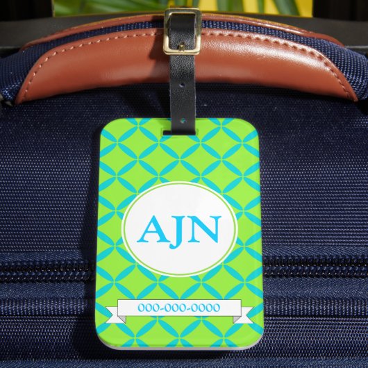 Étiquette À Bagage Étiquette de bagage Monogramme Lime Turquoise (Insitu Rectoal 2)