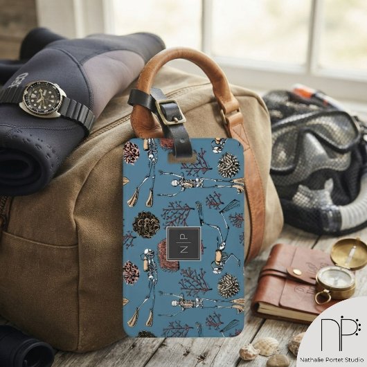 Étiquette À Bagage Étiquette de bagage monogramme squelette de plonge