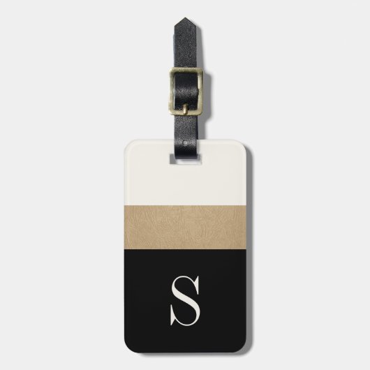 Étiquette À Bagage Étiquette Monogramme Noir Gold Stripe Bagage (Devant Vertical)