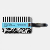 Étiquette À Bagage Étiquette noire, blanche, bleue en rayures Damas (Dos horizontal)
