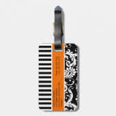 Étiquette À Bagage Étiquette noire, blanche, orange rayée Damas (Dos Vertical)