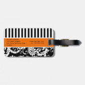 Étiquette À Bagage Étiquette noire, blanche, orange rayée Damas (Dos horizontal)
