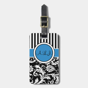 Étiquette À Bagage Étiquette rayée noire, blanche, bleue de bagage de