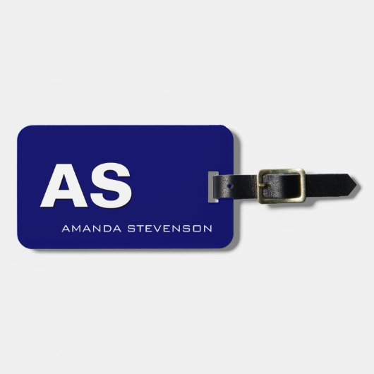 Étiquette À Bagage Étiquette unique en bleu blanc Script Monogramme (Devant horizontal)