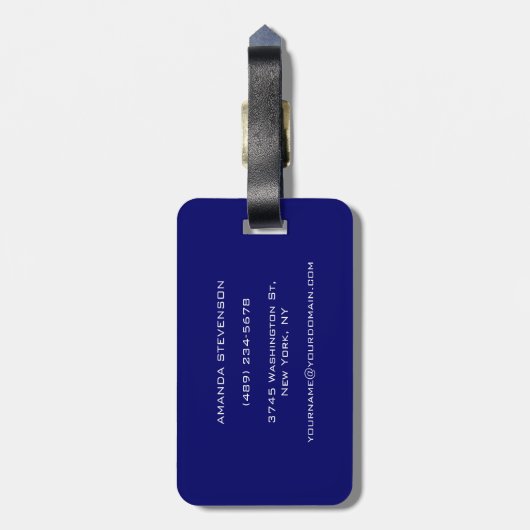 Étiquette À Bagage Étiquette unique en bleu blanc Script Monogramme (Dos Vertical)