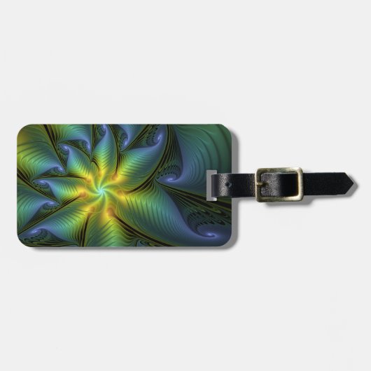 Étiquette À Bagage Etoile Abstraite, Bleu brillant Vert Or Fractal Ar (Devant horizontal)