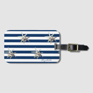 Étiquette À Bagage Étoile de mer adorable, rayures bleu marine - Pers