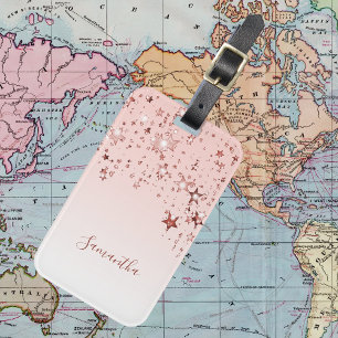 Étiquette À Bagage Étoiles roses dorées rose pâle script monogramme