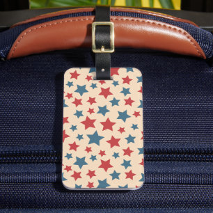 Étiquette À Bagage Étoiles rouges et bleues, 4 juillet, fond beige