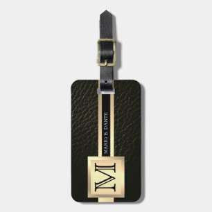 Étiquette À Bagage Executive Black Leather & Gold Metal monogrammed