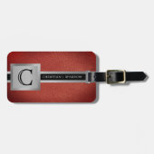 Étiquette À Bagage Executive Red Leather & Silver Metal monogrammed (Devant horizontal)