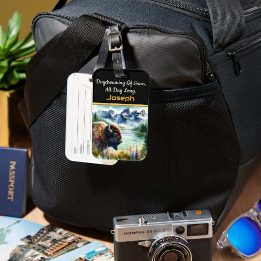 Étiquette À Bagage Explorer le paysage serein avec les bisons d'Améri (Recto & Verso)