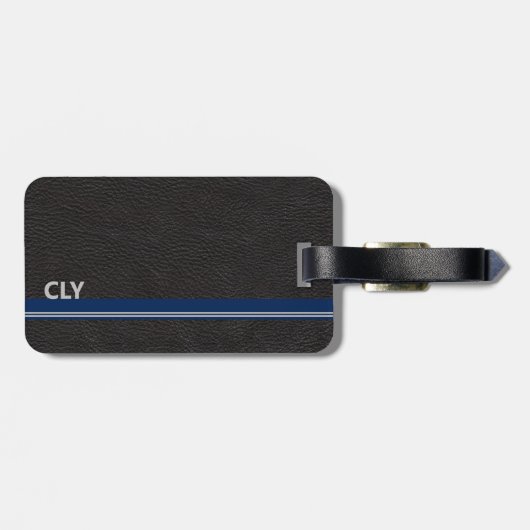Étiquette À Bagage Faux Black Leather Monogram Blue Bar (Dos horizontal)