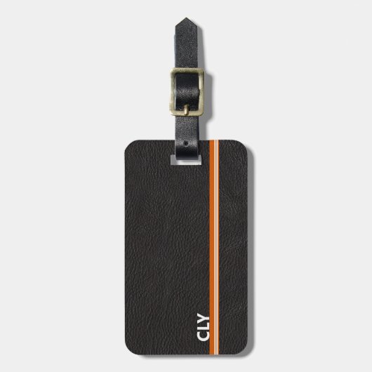 Étiquette À Bagage Faux Black Leather Monogram Orange Bar (Devant Vertical)