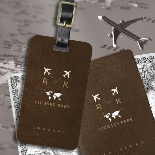 Étiquette À Bagage Faux Brown Cuir Élégant Classy Nom du voyageur