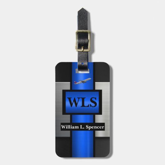 Étiquette À Bagage Faux Métal Bleu Gris Noir Monogramme (Devant Vertical)