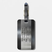 Étiquette À Bagage Faux Métal Bleu Gris Noir Monogramme (Dos Vertical)