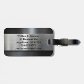 Étiquette À Bagage Faux Métal Bleu Gris Noir Monogramme (Dos horizontal)