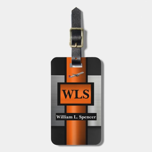 Étiquette À Bagage Faux Métal Orange Noir Gris Monogramme (Devant Vertical)