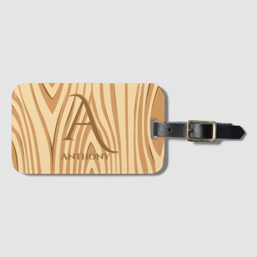 Étiquette À Bagage Faux rustique Brown en bois filmé Monogramme sur m (Devant Horizontal)