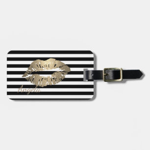 Étiquette À Bagage Féminin, Noir, Rayures Blanches, Lèvres Pailletées